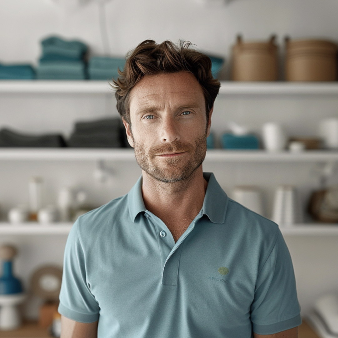 A man in a light blue polo shirt standing in front of a shelf filled with various kitchen items and textiles. The background is softly blurred, drawing focus to his friendly expression and casual style.