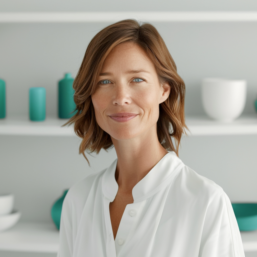 A woman with wavy, shoulder-length brown hair is smiling gently. She is wearing a white blouse and is standing in a bright, minimalist setting with turquoise decorative items in the background.